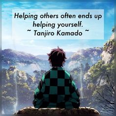 a person sitting on top of a rock with a quote above it that reads helping others often ends up helping yourself