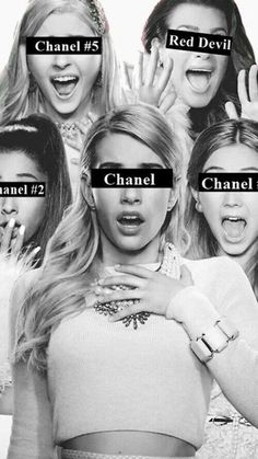 four girls with different facial expressions in front of their faces and the words chanel on them