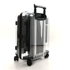 This is an authentic RIMOWA X OFF-WHITE Polycarbonate Luggage in Transparent. This luggage bag is crafted of transparent polycarbonate. The luggage features two rubber handles, a pull out handle, wheel mechanism with 4 interchangeable orange wheels, and silver hardware. The wrap around zipper opens to a matching interior with 2 removable pouches. Orange Wheels, Luggage Bag, Silver Hardware, Wrap Around, Luggage Bags, Handles, Wheel, Off White, Zipper