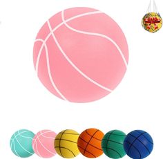 an assortment of colorful balls and basketballs on a white background with the ball in the middle