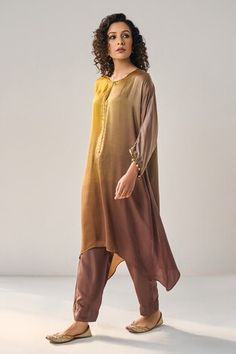 Mustard brown ombre asymmetric kurta with sequin embellishments. Comes with a pant. - Aza Fashions Sarara Dress, Asymmetric Kurta, Silk Kurti Designs, Cotton Jackets Women, Coord Sets, Silk Kurti, Pant For Women, Simple Kurti Designs, Pakistani Fashion Casual