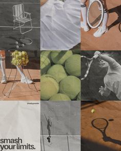 a collage of tennis related images with the words smash your limits written in black and white