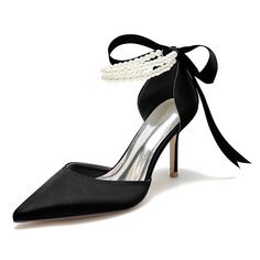 Shop Black Satin Pearl Ankle Strap Pointed Toe Stiletto Heel Lace up Wedding Shoes color Black for Wedding with worldwide Free shipping & Free return. Black Wedding Shoes Bride Heels, Closed Toe Wedding Shoes With 4-inch Heel For Banquet, Evening Wedding Shoes With Ankle Strap, Fitted Ankle Strap Heels For Banquets, Fitted Ankle Strap Heels For Banquet, High Heels With Heel Strap For Banquet, Chic Ankle Strap Heels For Banquet, Wedding Heels With Round Toe For Evening, Wedding Evening Heels With Round Toe