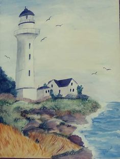 a painting of a lighthouse on the coast with birds flying over it and water below