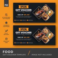 two black and yellow gift voucherr cards with food items in them on an orange background