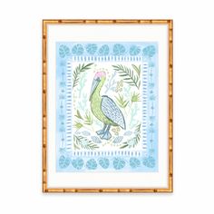 a painting with a bird on it and bamboo frame in front of white wallpaper