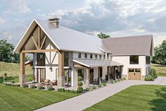 this is an artist's rendering of a modern farmhouse style home with large front porch