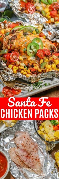 chicken and vegetable foil packets with text overlay that reads, save for chicken packs