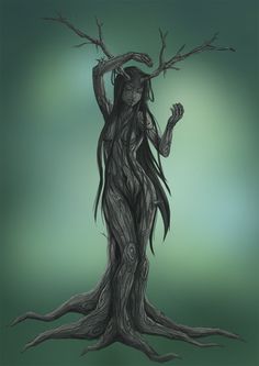 a drawing of a woman standing in front of a tree with long hair and horns