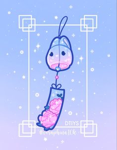 a cartoon character hanging from the side of a pole with flowers in its mouth and stars on