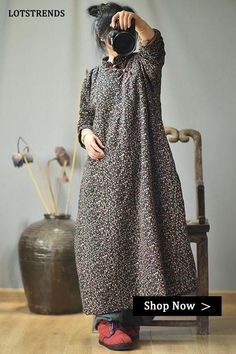 Limited Stock- Autumn Women Loose Floral Cotton Dress Flower Season, Floral Cotton Dress, October 8, Pattern Flower, Collar Pattern, Linen Dresses, Cotton Dress, Cotton Dresses, Stand Collar