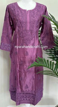 Classy and elegant kurta on Chanderi Silk. Mukaish work adds charm to this beautiful kurta!   Liner included Purple Dori Work Kurta For Eid, Purple Dori Work Kurta For Navratri, Purple Straight Kurta With Cutdana, Chanderi Kurta With Self Design In Purple, Purple Chanderi Kurta With Self Design, Purple Dori Work Kurta For Festivals, Purple Kurta With Dori Work For Festivals, Purple Chikankari Embroidery Kurta For Eid, Festive Purple Kurta With Chikankari Embroidery