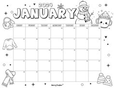 a calendar with the word january on it and pictures of snowmen, hats, mittens