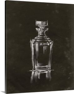 an oil painting of a glass bottle on a black background with reflection in the water