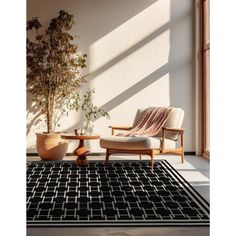 a living room with two chairs and a rug