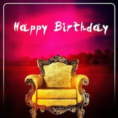 a yellow chair sitting in front of a purple and red background with the words happy birthday on it