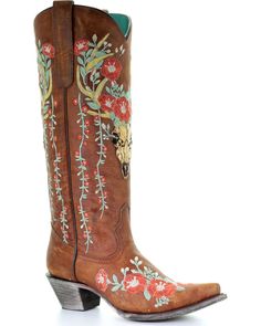 Corral Women's Deer Skull & Floral Embroidery Cowgirl Boots - Snip Toe, Tan, hi-res Cowgirl Wedding Boots, Classic Black Boots, Cowgirl Wedding, Bridal Boots, Womens Cowgirl Boots, Leather Cowgirl Boots, Wedding Boots, Deer Skull, Embroidered Boots