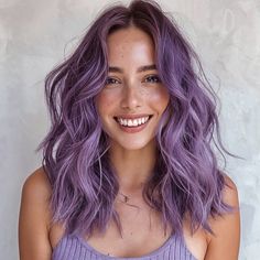 Hair Color Inspo Colorful, Purple Hair Blonde Roots, Brightly Colored Hair, Brunette To Purple Hair, Fun Hair Ideas Color, Layered Purple Hair, Cool Tone Purple Hair, Fun Hair Colors For Brunettes, Cool Color Hair