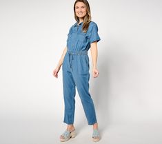 Looks like denim... feels like a dream. Easy one-piece dressing takes on a modern sihouette with this soft-to-the-touch and super-flattering short-sleeve jumpsuit. Take the plunge and add this always trend-right piece to your rotation. (You'll be so happy you did!) From the Joan Rivers Classics Collection®. Piece Dressing, Short Sleeve Jumpsuit, Short Sleeve Jumpsuits, Joan Rivers, One Piece Dress, So Happy, A Dream, Dress Skirt, Fashion Dresses