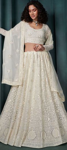 White and Off White color Lehenga in Georgette fabric with Embroidered, Sequence, Thread work White Cutdana Set For Reception, Off White Wedding Choli With Cutdana, Off White Cutdana Choli For Wedding, White Choli With Cutdana For Reception, White Embroidered Choli For Reception, White Anarkali Set With Cutdana For Party, White Cutdana Anarkali Set For Party, White Resham Embroidery Choli For Wedding, Off White Semi-stitched Sets For Wedding