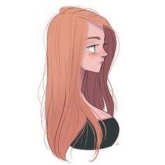 a drawing of a girl with long pink hair and green eyes looking to the side