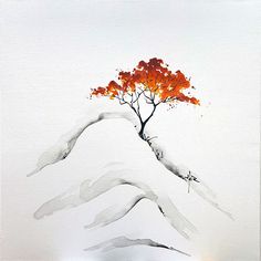 a painting of two hands holding an orange tree on top of a mountain with snow