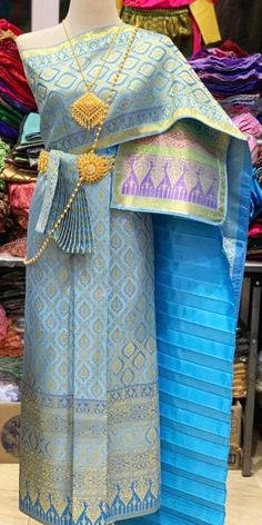 Free size Ready to wear Sabai : wide 11.5 in. long 3 m. (Size standard only) skirt long 37 in. Free size : waist 23-28 in Plus size : waist 29-36 In Ship from Thailand **colors may slightly very on different monitors. Traditional Long Blue Skirt, Traditional Blue Skirt For Festivals, Traditional Blue Skirt With Traditional Patterns, Thai Dresses, Thai Dance, Traditional Skirts, Sarong Dress, Sequin Scarf, Thai Wedding