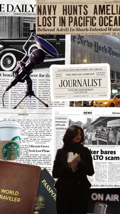 a woman standing in front of a newspaper