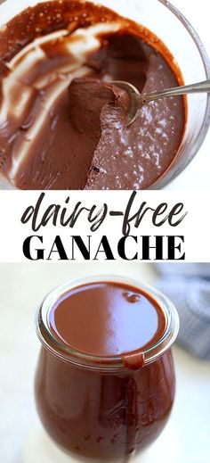 chocolate ganache in a glass jar with a spoon and text overlay that reads glaze - free ganache