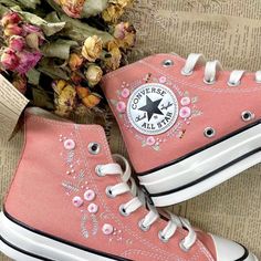 Pink Embroidered Converse, Embroidery Converse, Customized Shoes, Chuck Taylor 70, Embroidered Converse, Custom Chuck Taylors, Converse Custom