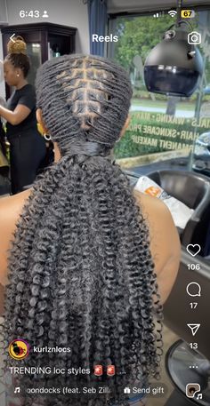 Locs Hairstyles For Homecoming, Locs Low Ponytail Styles, Curly Loc Ponytail Styles, Loc Curly Ponytail, Homecoming Hairstyles Locs, Braided Ponytail With Locs, Loc Styles For Winter, Loc Style For Wedding, Elegant Microloc Styles