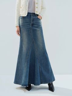 MO&Co. Noir Women's Pure Cotton A-line Paneled Denim Maxi Skirt Blue Dark Wash Long Denim Skirt With Frayed Hem, Long Denim Skirt With Frayed Hem, Dark Wash Denim Skirt With Frayed Hem, Medium Wash Full Length Relaxed Denim Skirt, Relaxed Full Length Denim Skirt In Medium Wash, Medium Wash Cotton Long Denim Skirt, Full-length Denim Skirt With Frayed Hem, Fitted Full-length Denim Skirt With Frayed Hem, Full Length Medium Wash Denim Skirt With Frayed Hem