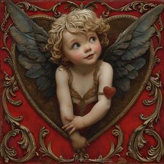 a painting of a little angel sitting in a heart with wings on it's chest