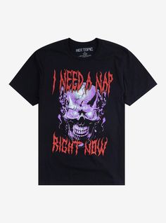 Ever feel like you're going out of your mind with fatigue? This tee is made for you! It shows a flaming purple skull with glowing eyes  and heavy metal-style text reading  "I NEED A NAP RIGHT NOW". Relatable!100% cottonWash cold; dry lowImportedListed in men'sunisex sizes Graphic Tee With Skull Print For Concerts, Purple Punk Style Top With Graphic Print, Purple Grunge T-shirt With Letter Print, Halloween Slogan T-shirt For Streetwear, Concert Graphic Tee With Skull Print, Alternative Slogan T-shirt For Streetwear, Purple Punk Top With Graphic Print, Purple Grunge T-shirt With Graphic Print, Purple Band Merch T-shirt For Streetwear