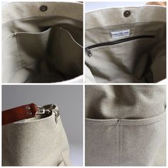 three pictures of the inside of a bag with zippers and handles, including one in beige