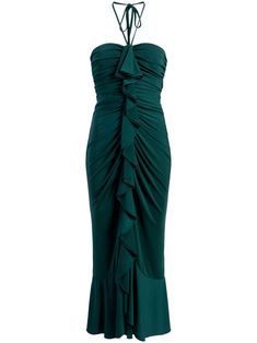 onyx green draped design ruffled detailing halterneck tie fastening ruffle hem long length self-tie fastening Onyx Color, Onyx Colour, Skirt Coverup, Cinq A Sept, Short Denim Skirt, Green Midi Dress, Halterneck Dress, Dress 16, Green Onyx