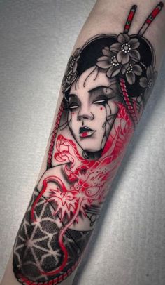 Japanese Half Sleeve, Rio Tattoo, Japanese Forearm Tattoo, Japanese Geisha Tattoo, Geisha Tattoos, Tatuaje Trash Polka, Geisha Tattoo Design, Skull Rose Tattoos