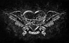 a heart with wings and two crossed swords in the middle, on a black background