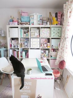 a black cat sitting on top of a desk next to a laptop computer in a room