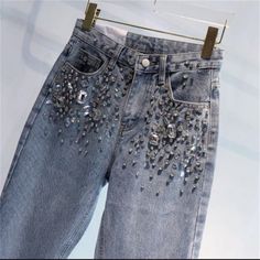 Rhinestone jeans women spring summer Heavy Industry fashion Beads High Waist Loose Straight Casual Cross Pants, Rhinestone Jeans, Button Decorations, Fashion Beads, Heavy Industry, Jeans Women, Jeans Style, High Waist, Women Jeans