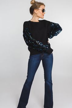 Sequin Sleeve Sweater, Black :: NEW ARRIVALS :: The Blue Door Boutique Casual Sequin Party Sweater, Winter Contrast Sequin Tops, Winter Tops With Contrast Sequin, Glamorous Fall Sweater For Night Out, Long Sleeve Sequin Sweater For Night Out, Sequined Sweater For Night Out In Winter, Winter Night Out Sweater With Sequins, Winter Night Out Sequin Sweater, Glamorous Winter Sweater For Night Out