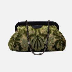 Indulge in elegance with our Burnout Velvet Fern Green Evening Bag Clutch. Luxurious texture meets timeless style in this exquisite Carpetbag of America creation. Perfect for adding a touch of sophistication to any ensemble. Shop now! Modern Texture, Carpet Fabric, Brown Clutch, Vintage Evening Bags, Large Travel Bag, Work Tote Bag, Burnout Velvet, Mens Travel Bag, Fern Green