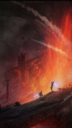 two people standing on top of a mountain in front of a huge lava filled with fire