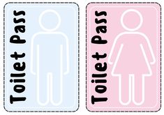 two pink and blue signs with the words toilet pass on them, one for men and one for women