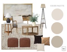 a living room with neutrals, brown and white colors in the color pallet