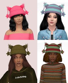 four different types of hats for females with long hair and black hair, all in various colors