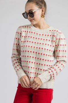 Red Roses Sweater - New Arrivals - The Blue Door Boutique Spring Cream Jacquard Knit Top, Beige Pointelle Knit Sweater For Spring, Cream Jacquard Knit Tops For Spring, Spring Cream Jacquard Knit Sweater, Spring Jacquard Knit Patterned Sweater, Blue Door, Boutique Clothing, Cute Dresses, Red Roses