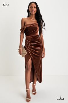 The Lulus Showing Off a Little Brown Velvet Asymmetrical Tulip Midi Dress is the perfect mix of sultry and classy! Plush stretch velvet shapes this dress that has a unique asymmetrical neckline (with hidden no-slip strips) with a single adjustable spaghetti strap and a draping off-the-shoulder strap. Light gathering accents the bodice and waist atop an overlapping tulip skirt that falls to an elegant midi hem. Hidden side zipper/clasp. Fit: This garment fits true to size. Length: Mid-calf length Brown Velvet Bridesmaid Dresses, Velvet Bridesmaid Dresses, Tulip Skirt, Lulu Fashion, Stretch Velvet, Mid Calf, Off The Shoulder, Spaghetti Strap, Bodice