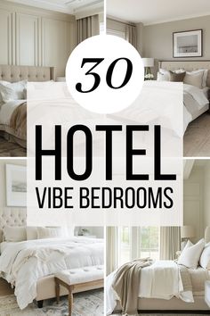 the words hotel vibe bedroom are shown in black and white, with pictures of bedding