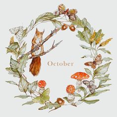 a watercolor painting of a wreath with mushrooms and leaves around it, the words october written in english